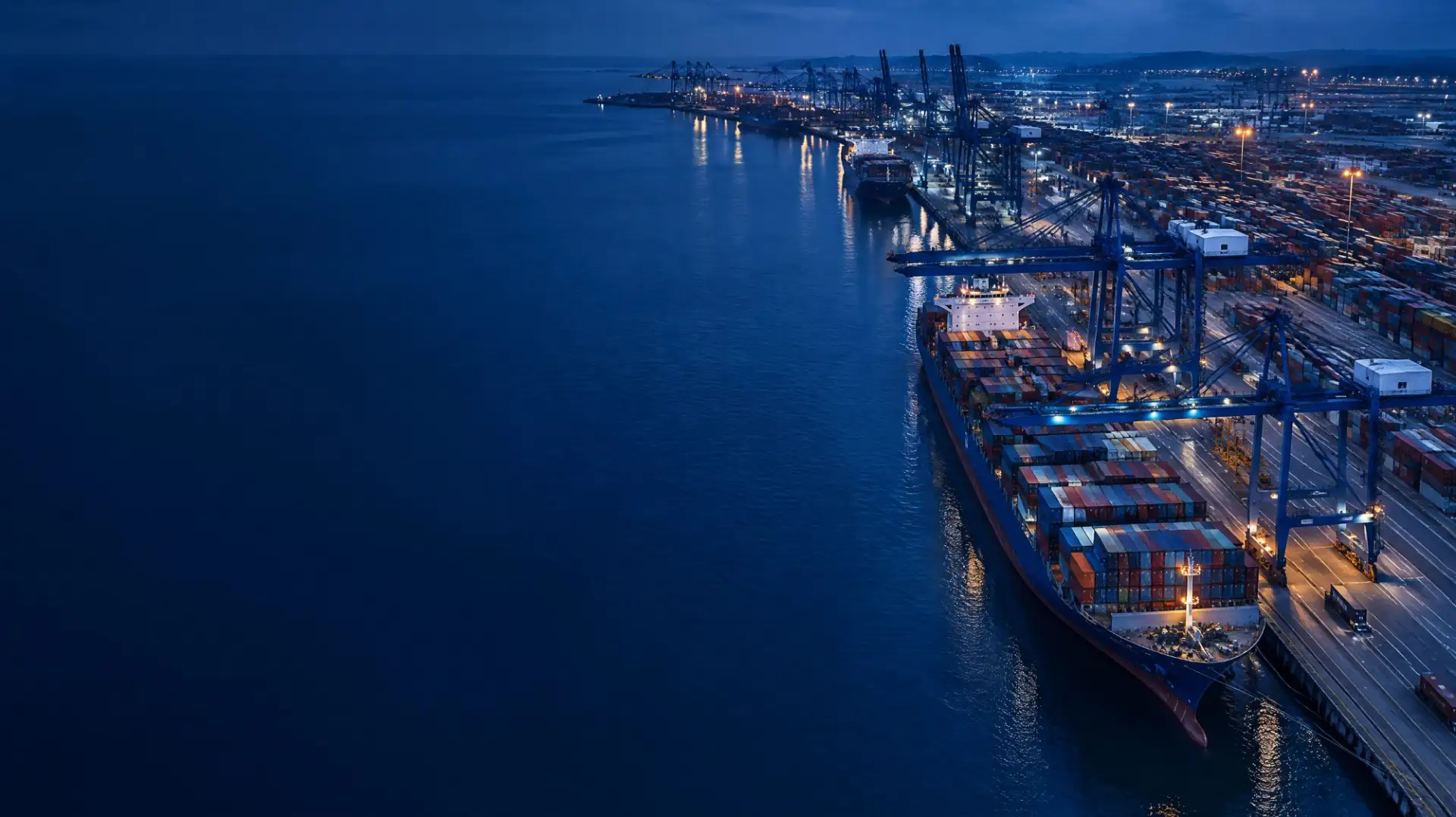 Aerial view of a container terminal at blue hour